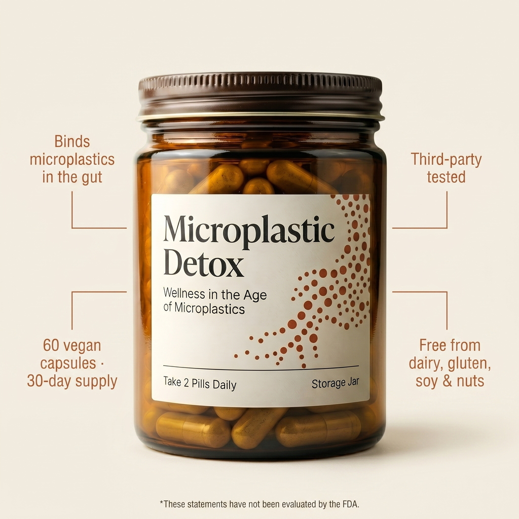 Benefits at a glance: binds microplastics in the gut, 60 vegan capsules, third-party tested, allergen-free