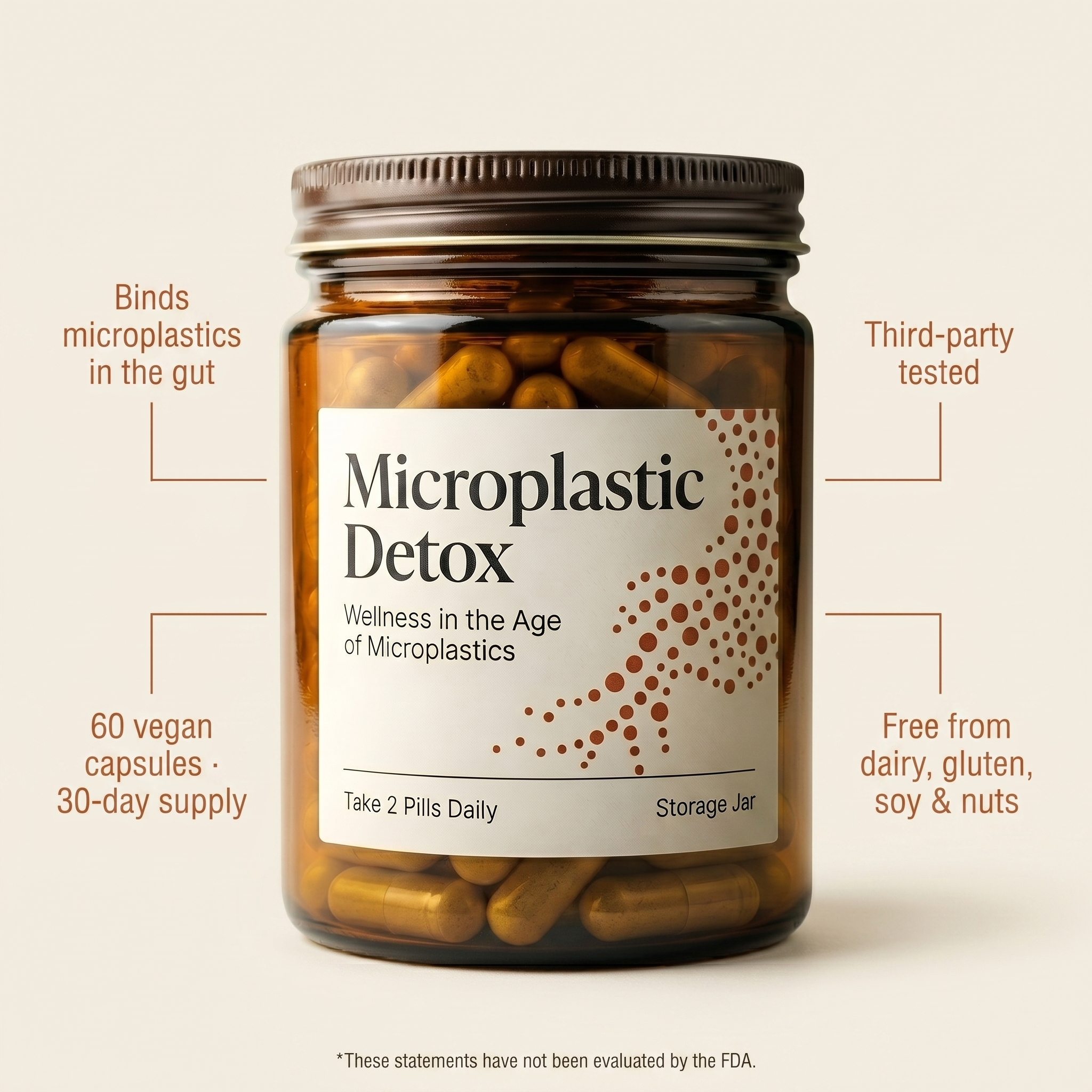 Benefits at a glance: binds microplastics in the gut, 60 vegan capsules, third-party tested, allergen-free
