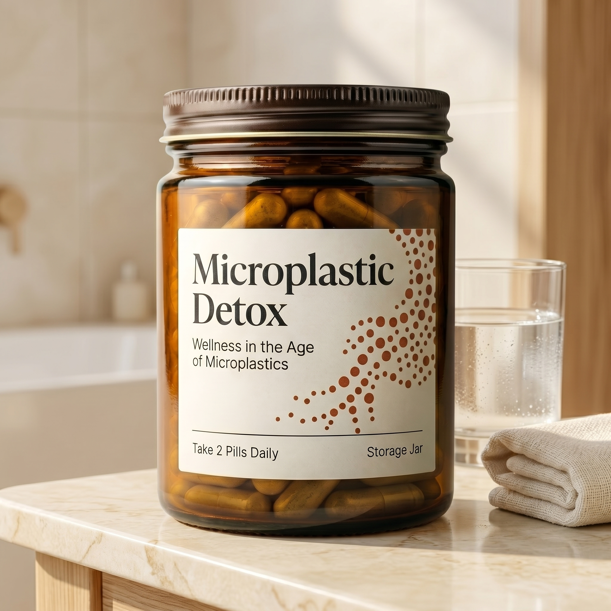 Microplastic Detox jar on a bathroom vanity - part of a daily wellness routine