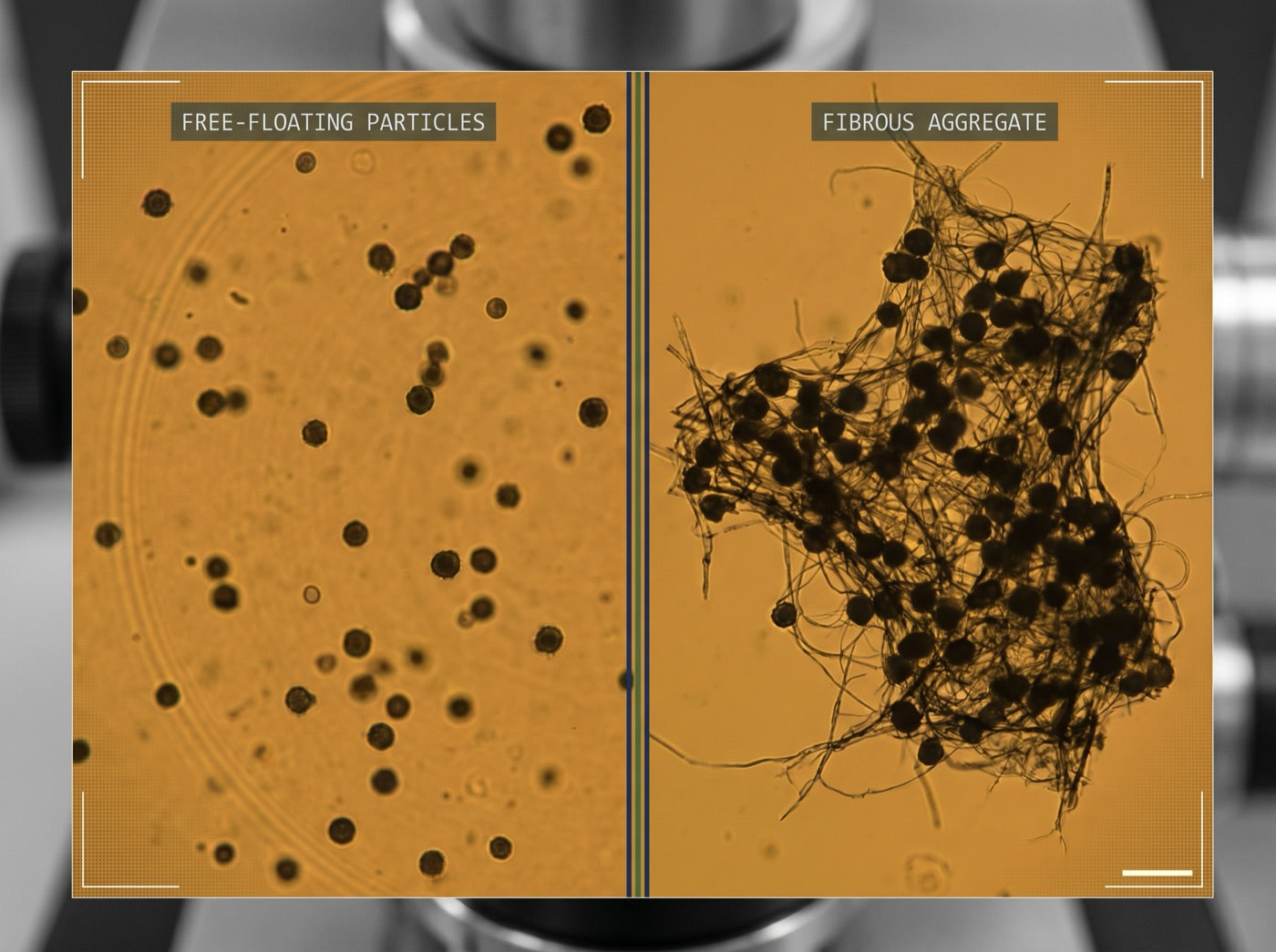 Split-screen micrograph: free-floating microplastic particles versus particles bound into a fiber aggregate